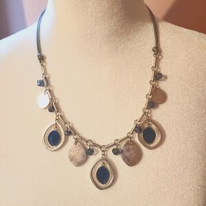 Silver and navy necklace with druzy quartz pieces